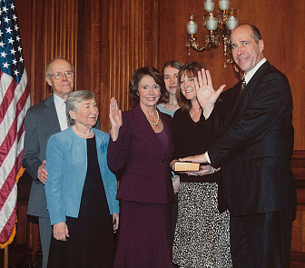Swearing in ceremony: James and Marie Hall, Speaker Nancy Pelosi, Lillian Sofi Hall, Pamela Bingham Hall and John Hall. Courtesy of John Hall