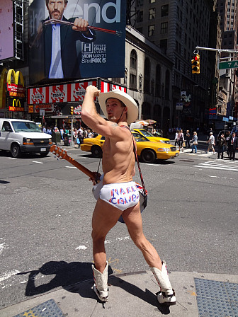 The Naked Cowboy, commonly found in Times Square<br>Photo: zopalic, Pixabay