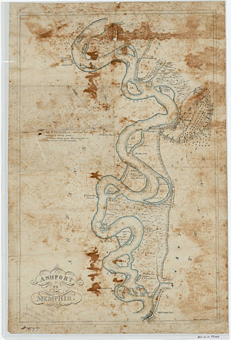 Hand-drawn Confederate map, c 1861, depicting military installations along the Mississippi River from Ashport to Memphis, Tennessee<br>(Tennessee State Library and Archives)